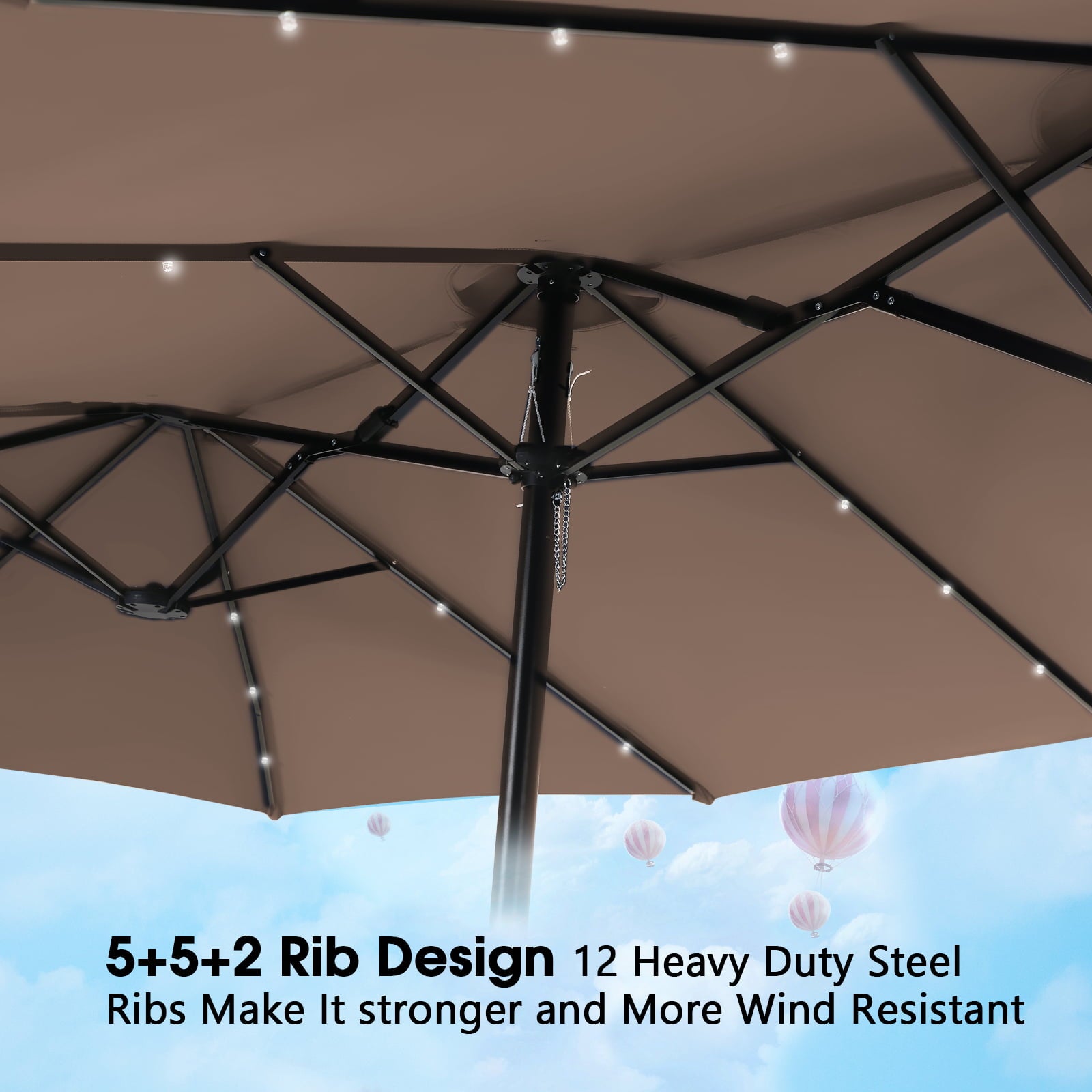 MF Studio 15ft Double-Sided Solar Patio Umbrella with Base Large Outdoor Table Umbrella with Crank Handle and 36 pcs LED lights, Beige