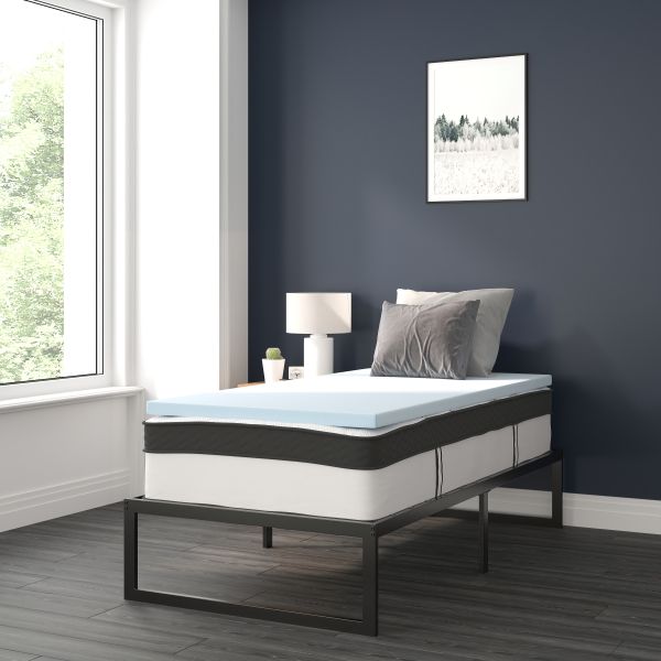 Leo 14 Inch Metal Platform Bed Frame with 12 Inch Pocket Spring Mattress in a Box and 2 Inch Cool Gel Memory Foam Topper - Twin