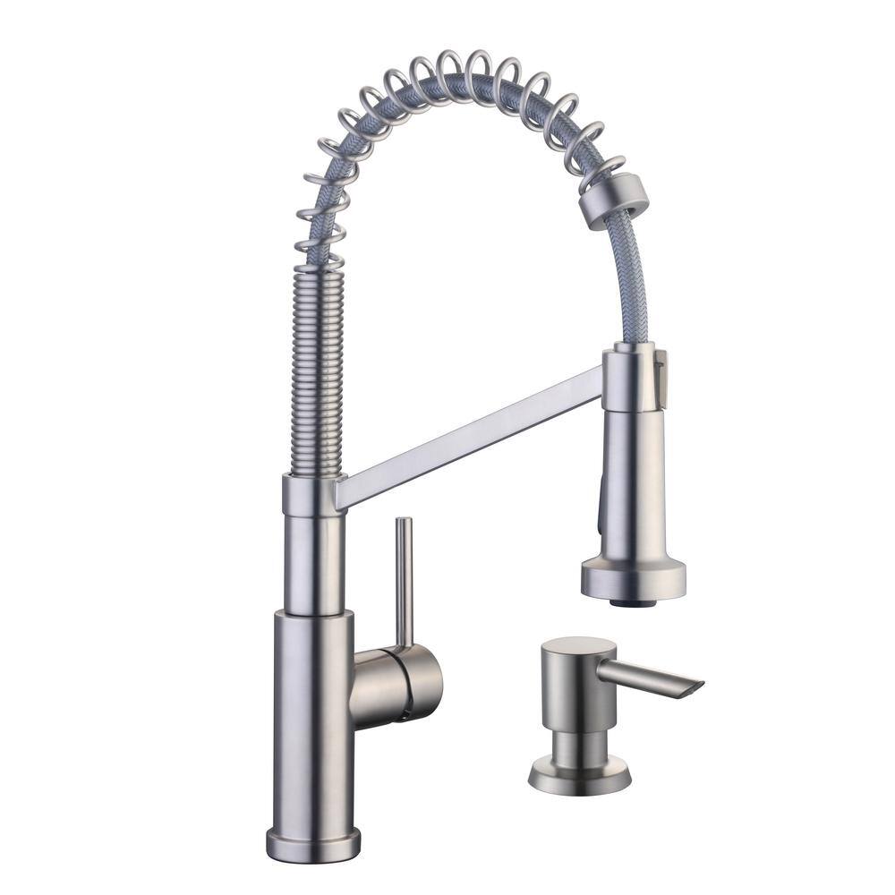 Glacier Bay Gage Single-Handle Spring Neck Pull-Down Sprayer Kitchen Faucet With Soap Dispenser in Stainless Steel HD67458-1408D2