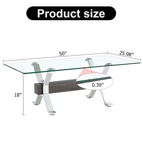 Contemporary Tempered Glass Coffee Table with Plating Metal Legs and MDF Crossbar