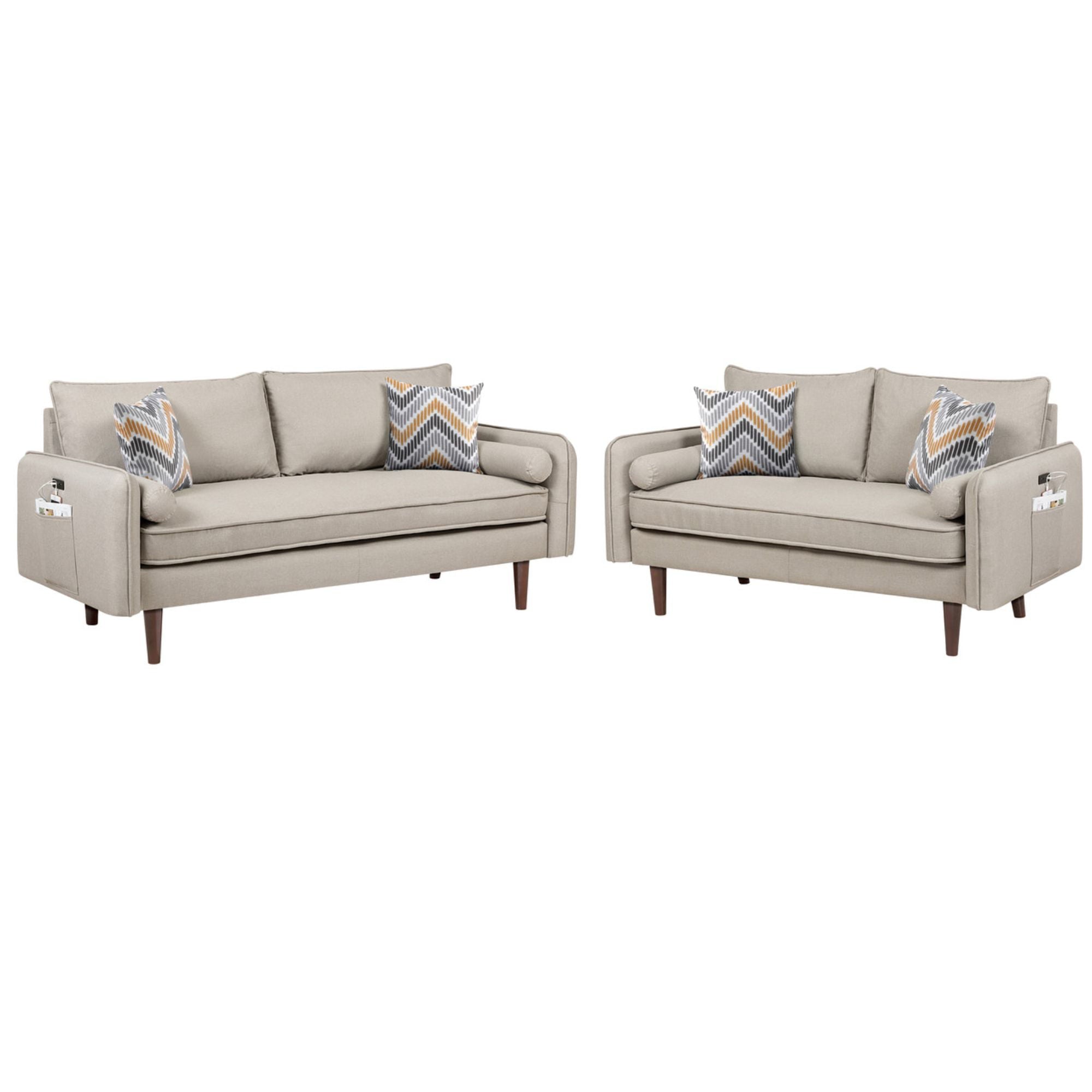 5.75' Cream Beige Mid-Century Modern Sofa and Loveseat Living Room Set with USB Charging Ports and Pillows