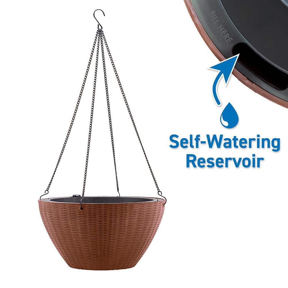 Southern Patio Magic Pot 13 in. x 13 in. 10 qt. Rustic Brown Resin Self-Watering High-Density Hanging Basket IndoorOutdoor Planter HDR-091332