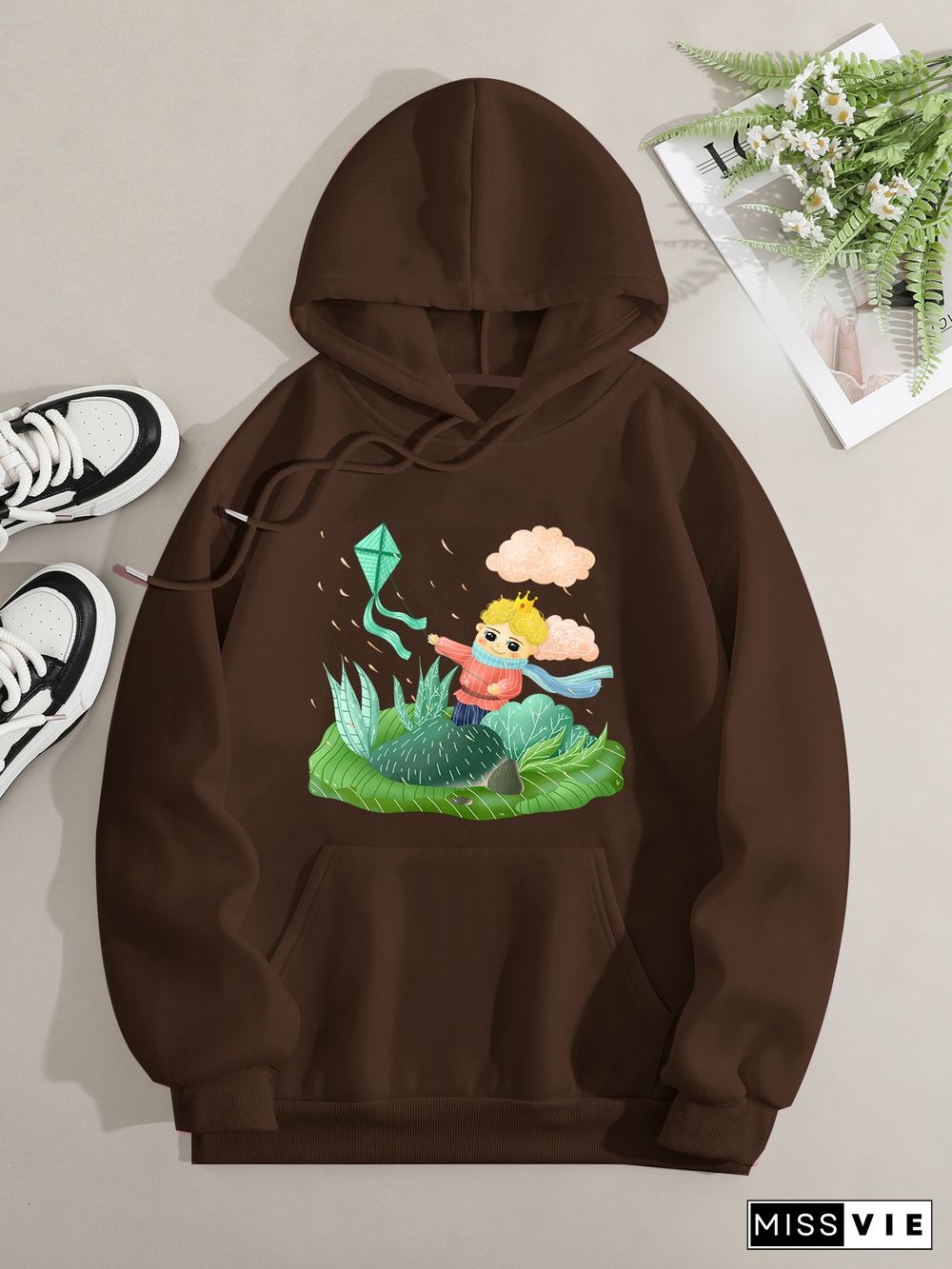 Printed on front Kangaroo Pocket Hoodie Long Sleeve for Women Pattern The Little Prince