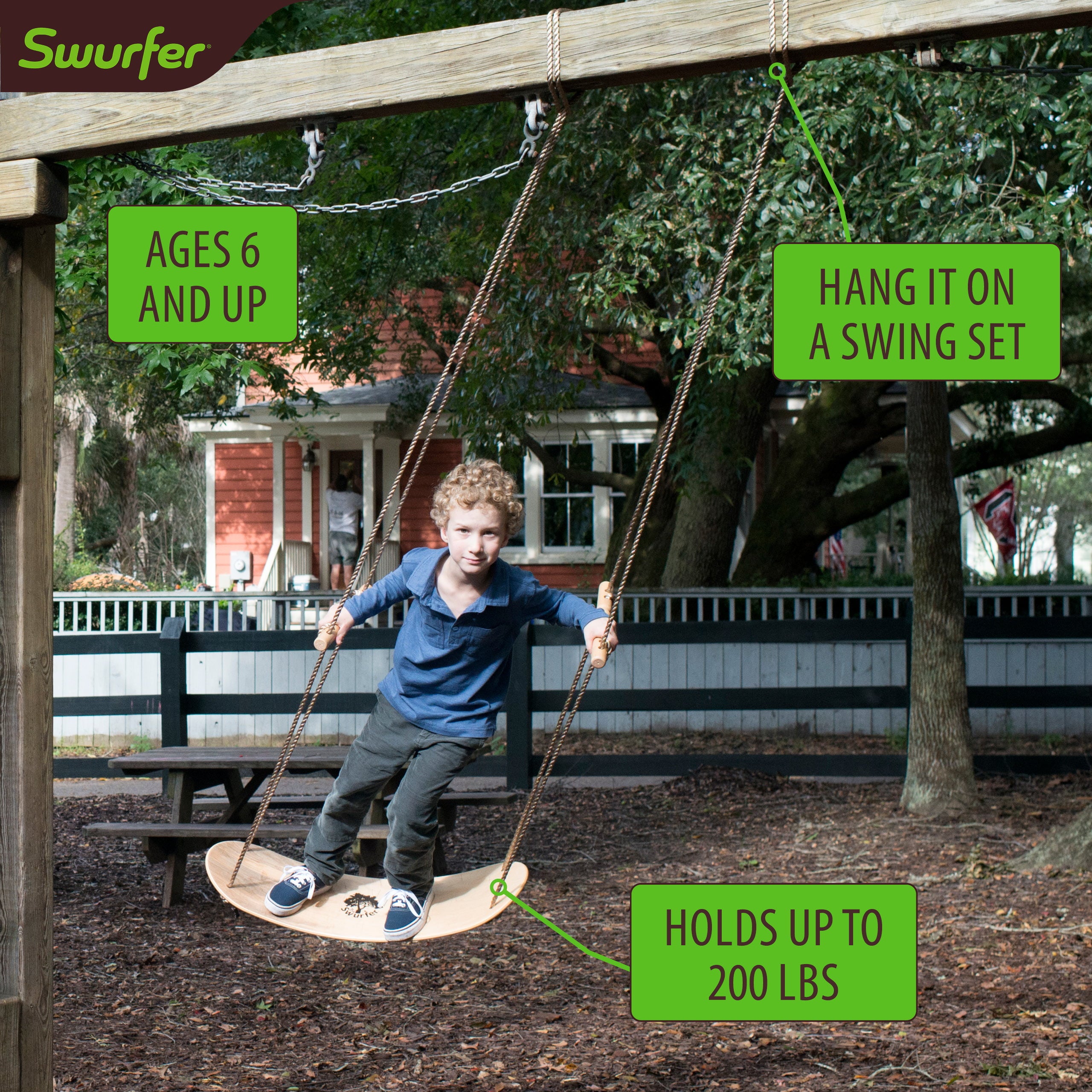 Swurfer The Original Stand up Surfing Swing， Wooden Outdoor Swing for Kids and Adults