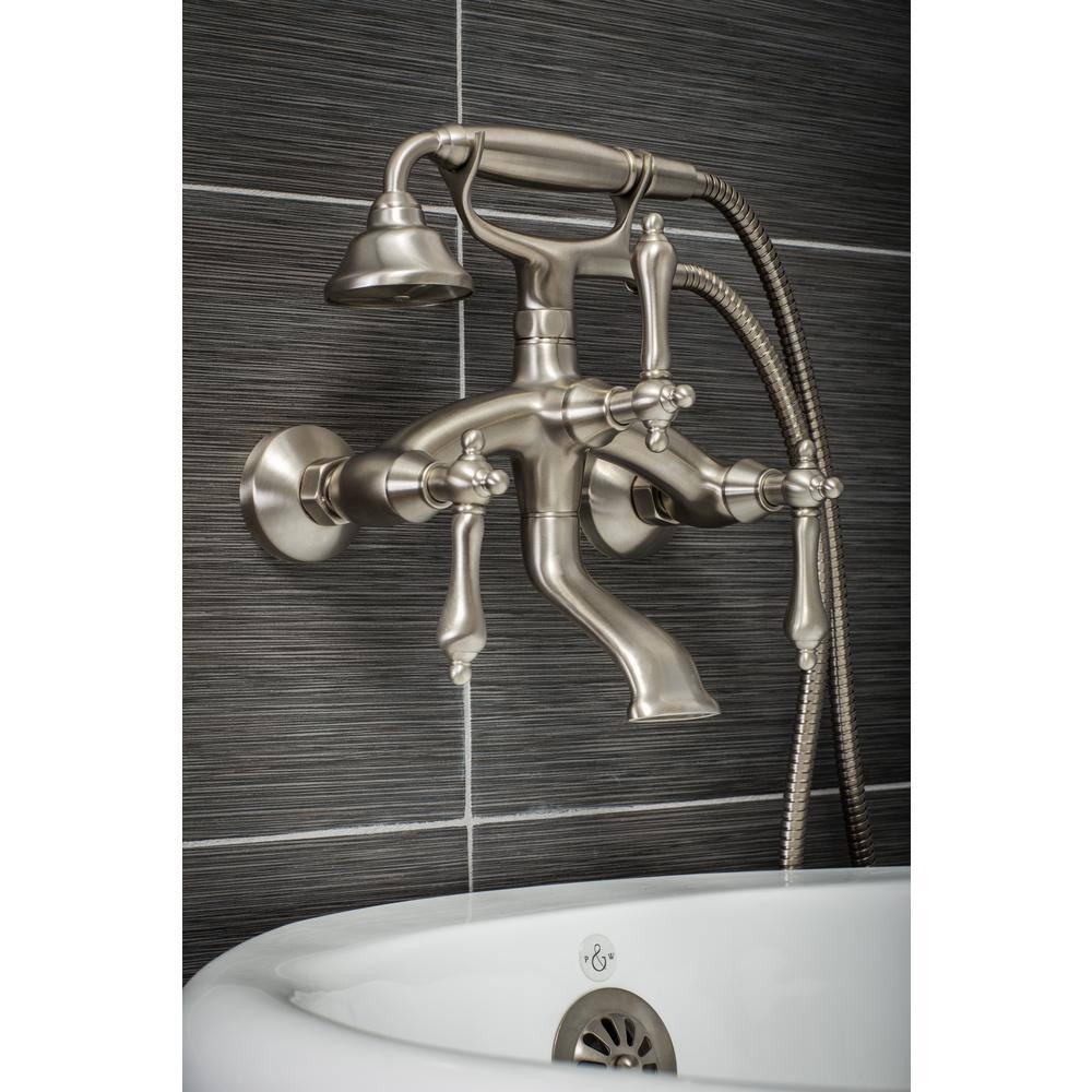 PELHAM  WHITE Vintage Style 3-Handle Wall Mount Claw Foot Tub Faucet with Metal Levers and Handshower in Brushed Nickel PW82510-L-BN