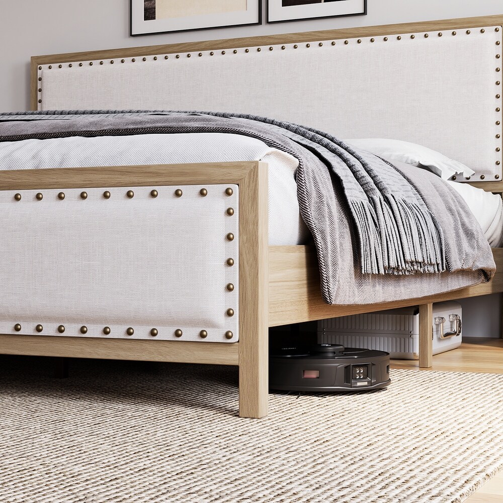 Upholstered Platform Bed with Linen Headboard and Footboard