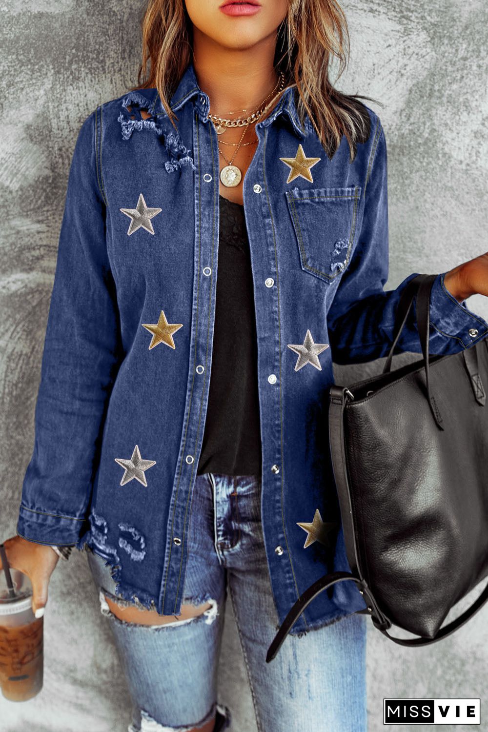 Blue Star Embroidery Distressed Denim Jacket