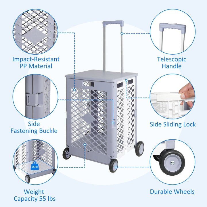 Foldable Mesh Rolling Cart with Wheels  updated Utility Tools Rolling Crate w/ Telescopic Handle  Grey White