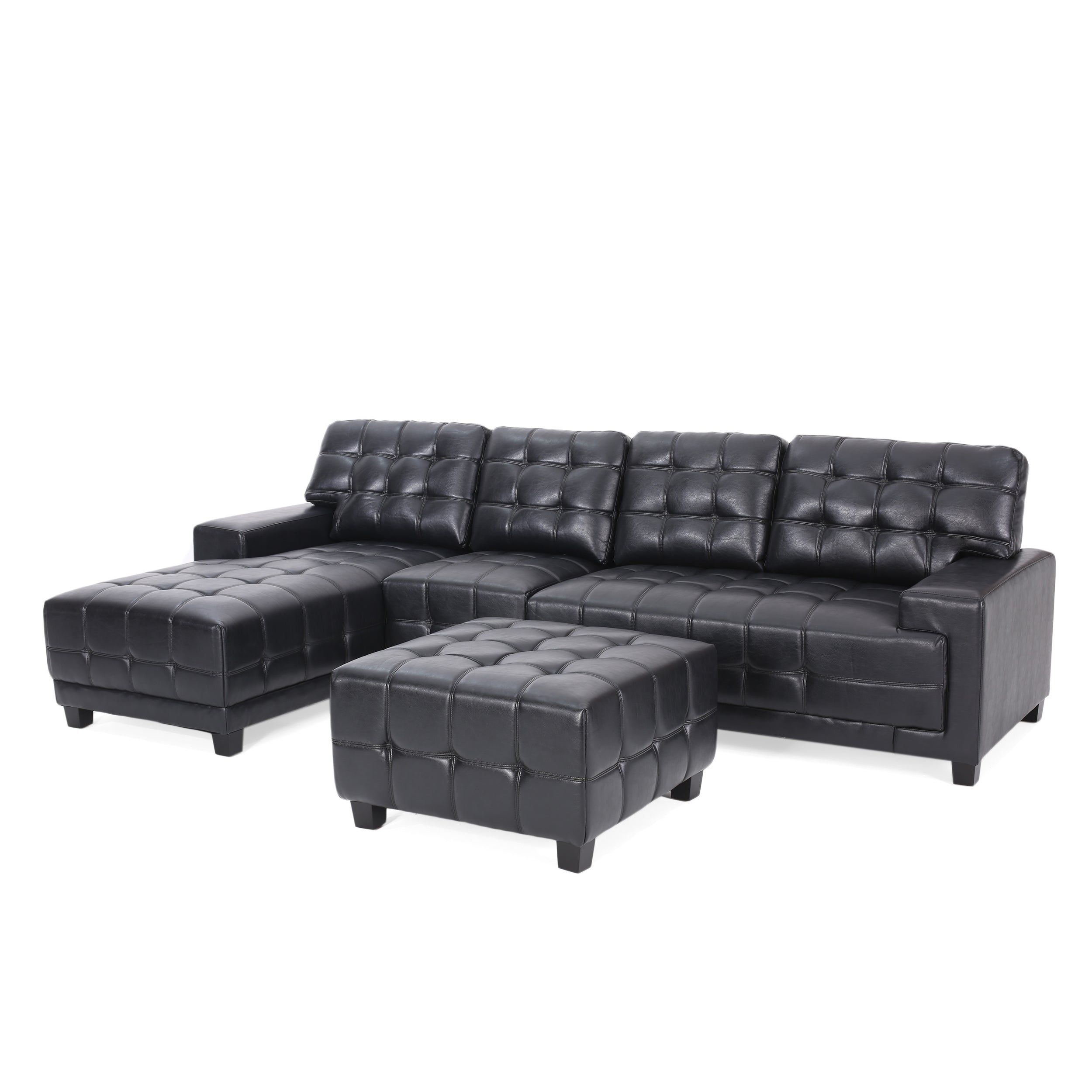 Littell Contemporary Faux Leather Tufted 4 Seater Sofa and Chaise Lounge Sectional Set with Ottoman