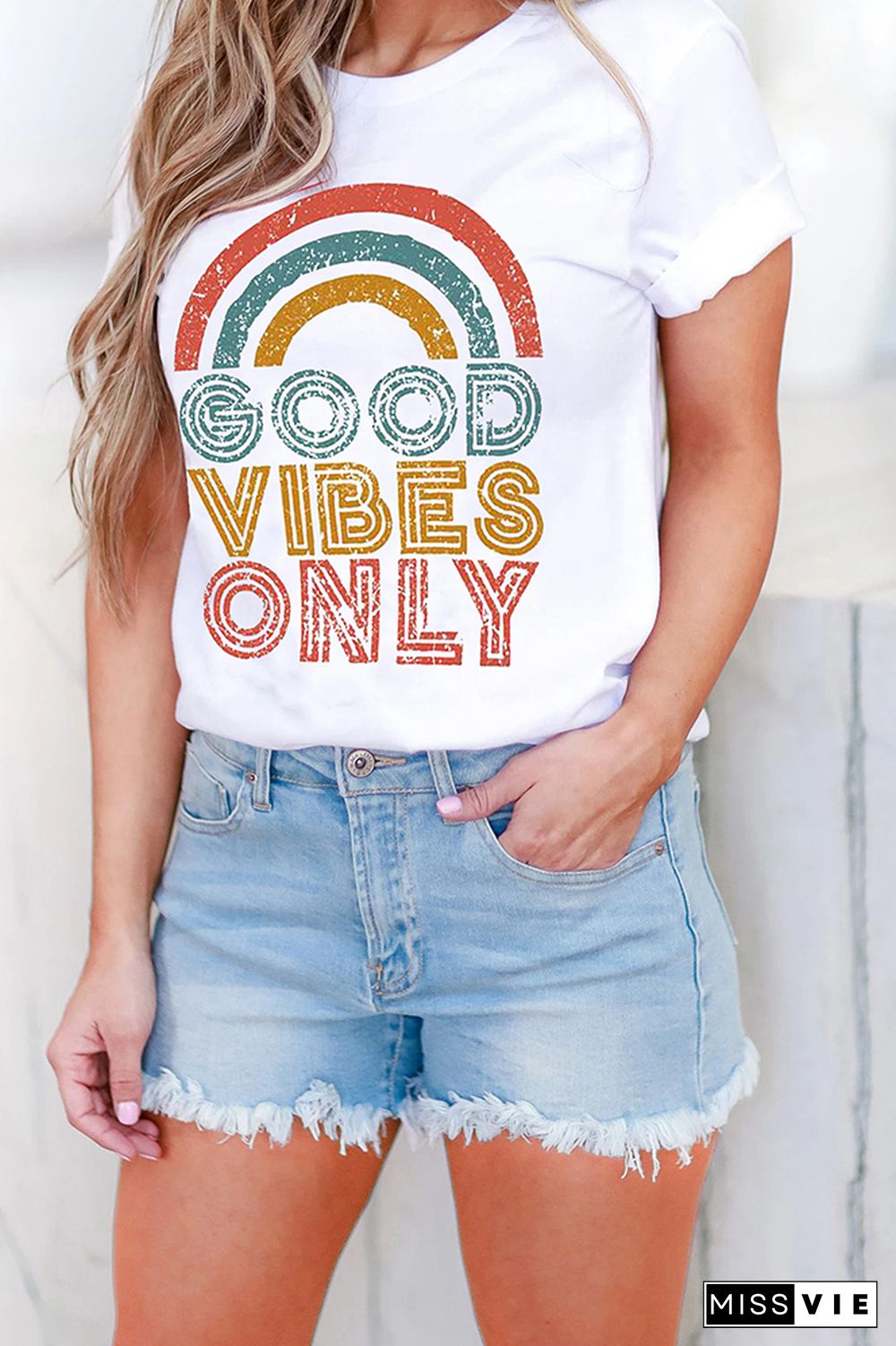 GOOD VIBES ONLY Print Graphic Tees for Women Wholesale Short Sleeve T shirts Top