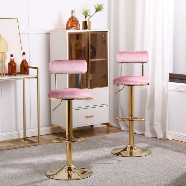 Velvet Bar Stools With Gold Metal Legs，Counter Height Dining Chairs with Back and Footrest，Set of 2