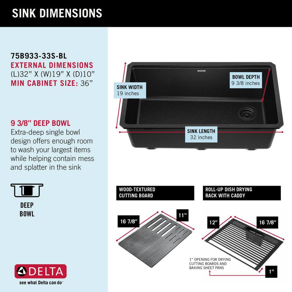 Delta Everest Black Granite Composite 32 in. Single Bowl Undermount Kitchen Sink with Accessories 75B933-33S-BL