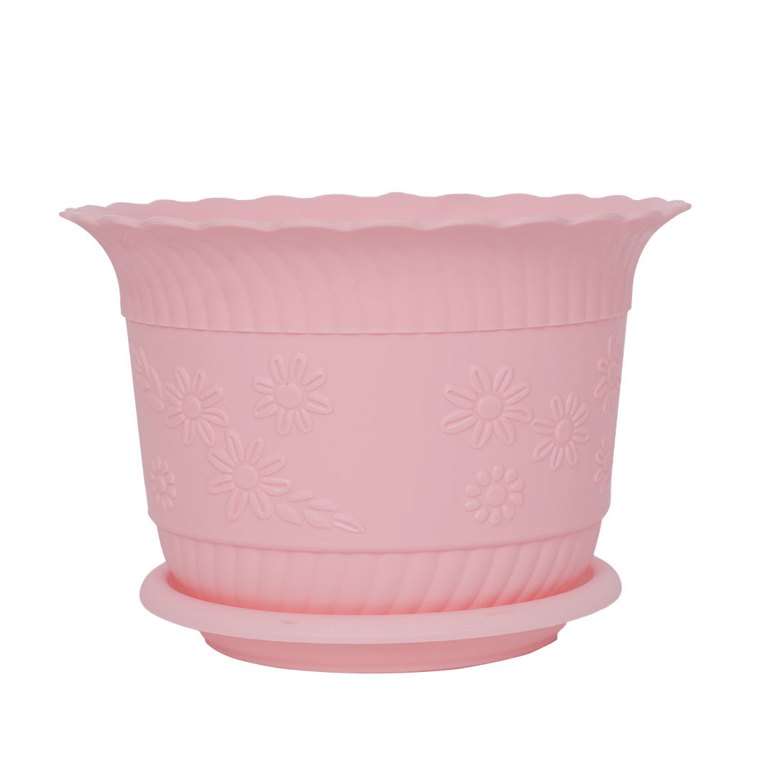 Uxcell Home Office Garden Plastic Floral Pattern Plant Flower Pot Pink w Tray