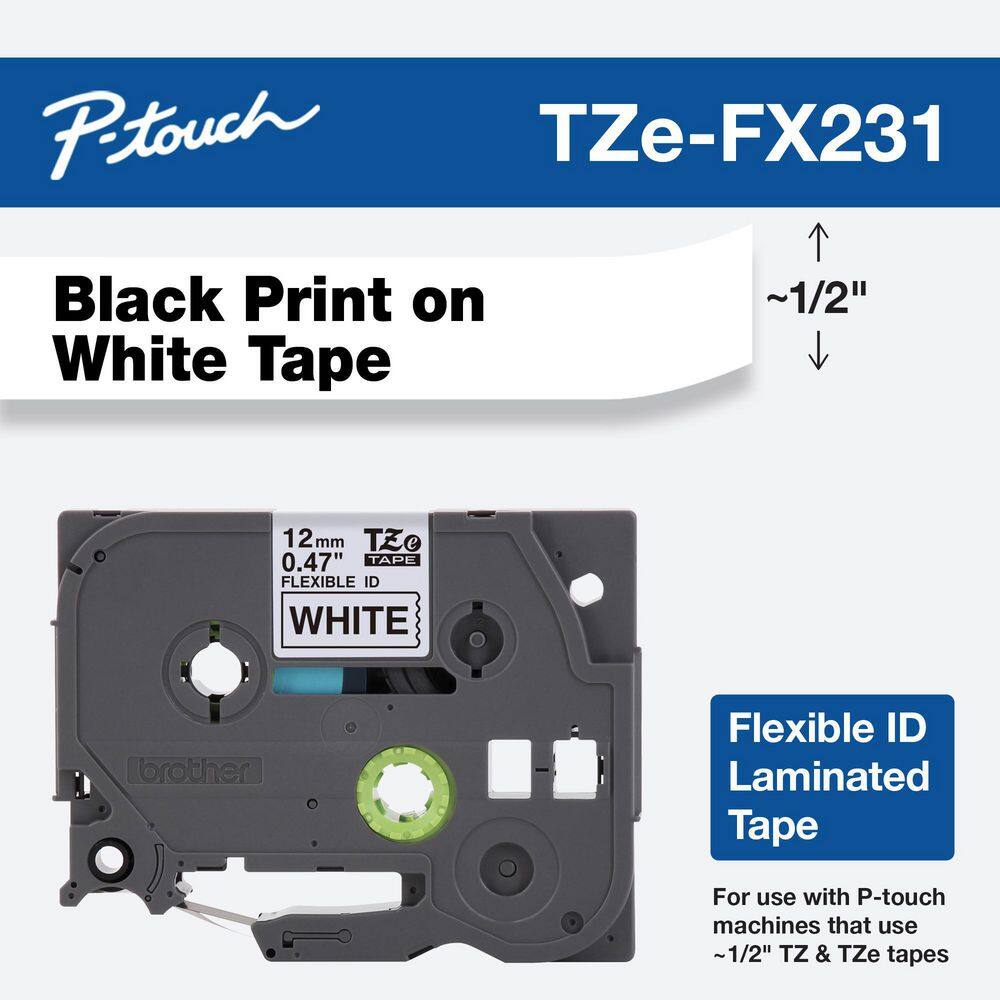 Brother .5 in. x 26-15 ft. Electrical Tape Black on White CableWire TZe-FX231SP