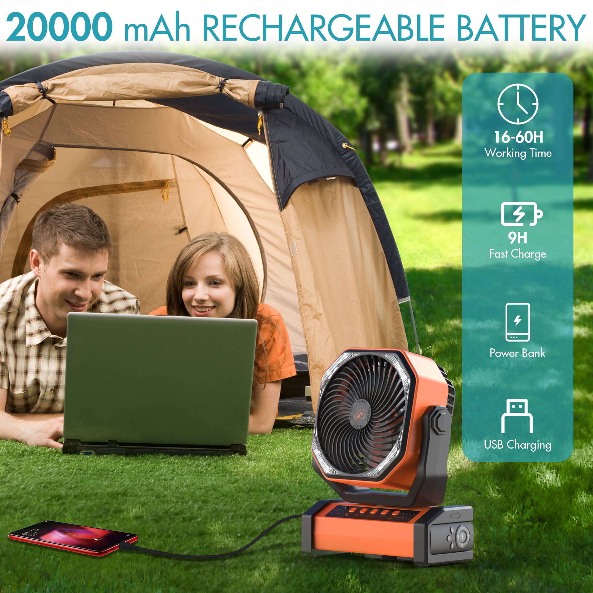 20000mAh Camping Fan with LED Light, Rechargeable Battery Operated Tent Fan, Auto-Oscillating Desk Fan with Remote & Hook, 4 Powerful Speeds 4 Timers USB Fan for Camping Jobsite Hurricane-Orange