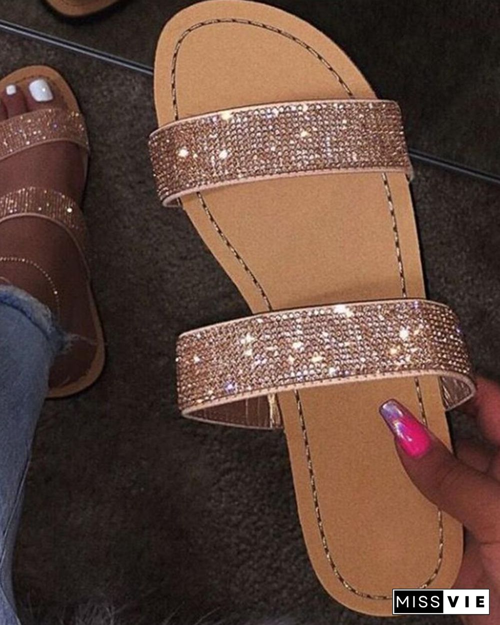 Crystal Glitter Shinny Double Bandages Slide Slippers