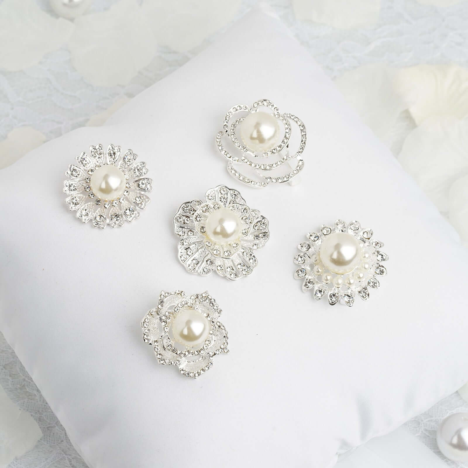 5 Pack Assorted Silver Plated Rhinestone Brooches with Pearl Center Floral Sash Pin Brooch Bouquet Decor