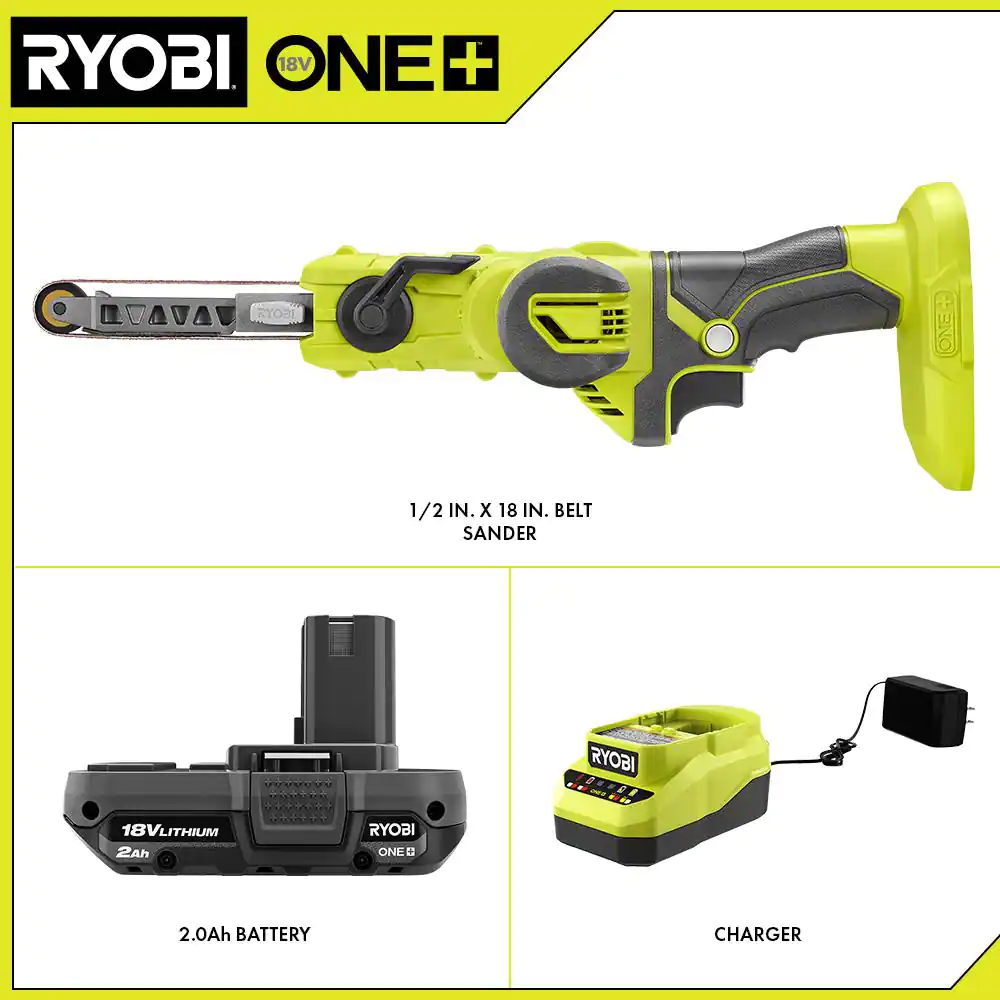 RYOBI PSD101KN ONE+ 18V Cordless 1/2 in. x 18 in. Belt Sander Kit with (1) 2.0 Ah Battery and Charger