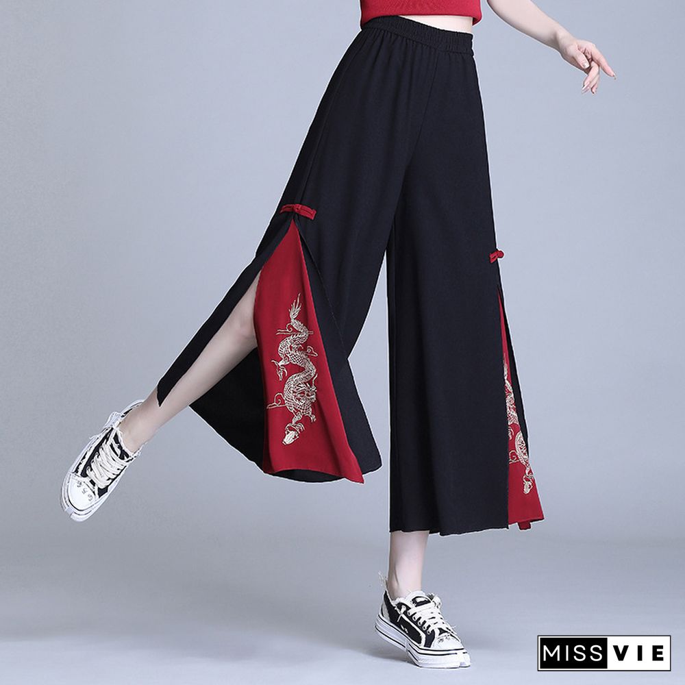 Vintage Dragon Embroidery Side Split Casual Pants