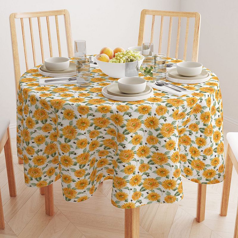 Round Tablecloth， 100% Cotton， 60 Round， Buzzing Bees and Sunflowers