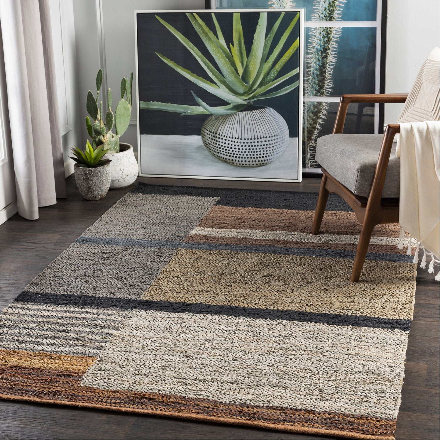 Lexington Hand Woven Rug in Camel, Khaki, Light Gray, Medium Gray, Charcoal, Black, Tan, Dark Brown