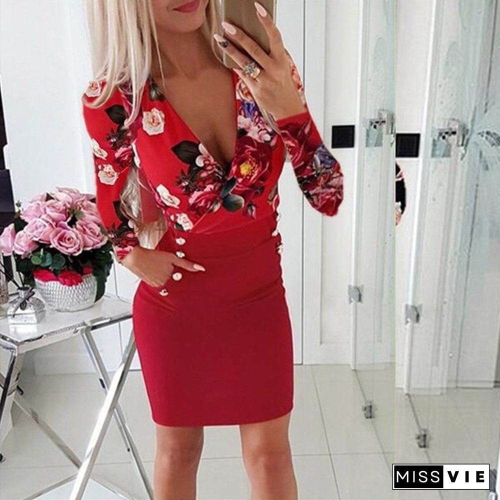 Women Clothing Floral Printed Slim Long Sleeve Plus Size Dress Ladies Deep V-neck Package Hip Dresses