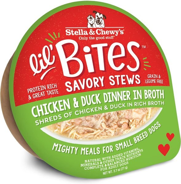 Stella and Chewy's Lil Bites Savory Stews Grain-Free Chicken and Duck in Broth Flavored Shredded Small Breed Wet Dog Food， 2.7-oz cup， case of 12