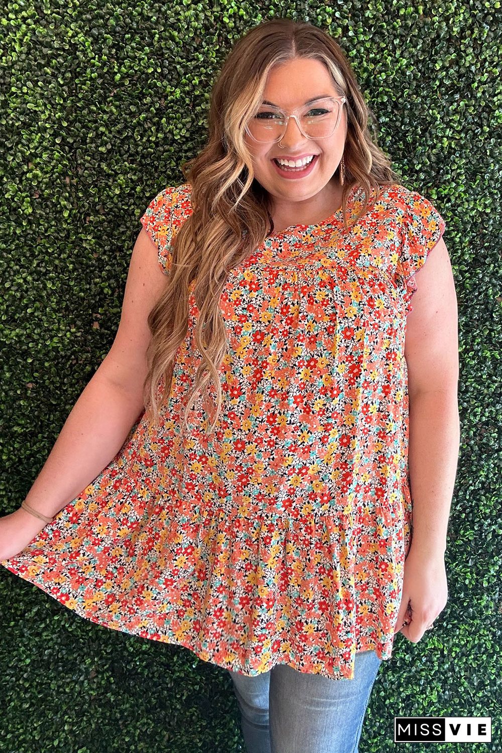 Multicolor Plus Size Boho Floral Print Ruffle Tiered Top