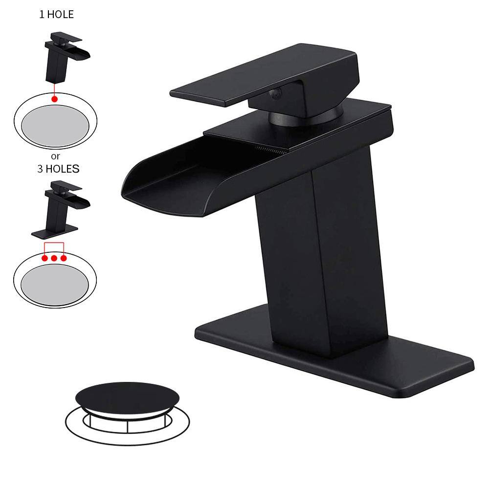 BWE Waterfall Single Hole Single-Handle Low-Arc Bathroom Faucet With Pop-up Drain Assembly in Matte Black A-96009-Black