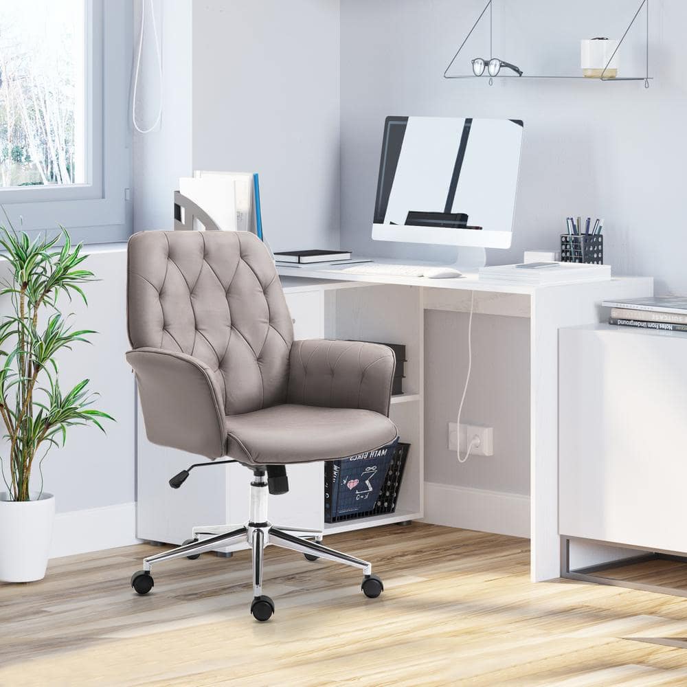 Vinsetto Light Grey, Modern Mid-Back Tufted Micro Fiber Home Office Desk Chair with Arms, Swivel Adjustable Task Chair 921-102V01