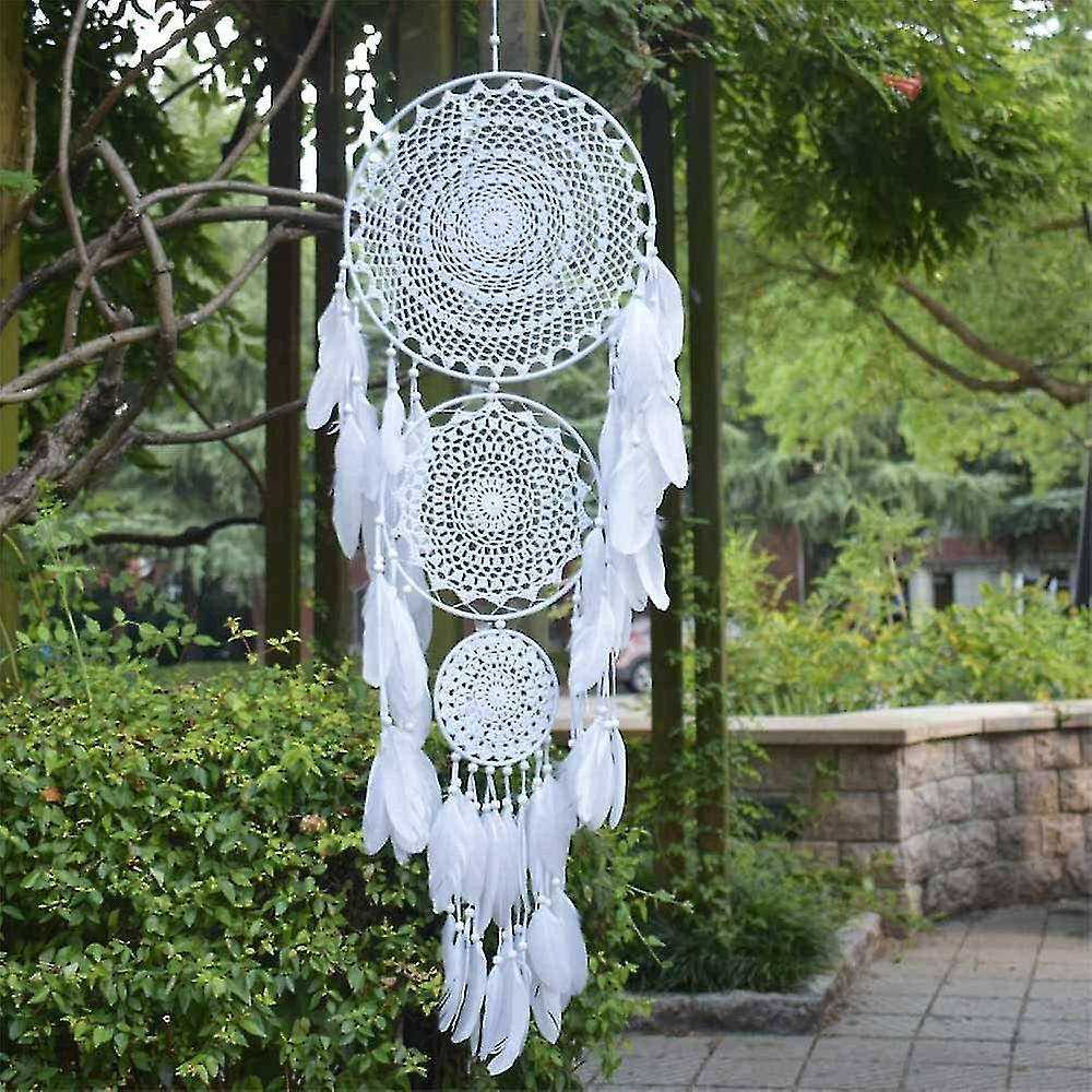 Large Dream Catcher With 3 Circles， White Macrame Feathers To Hang