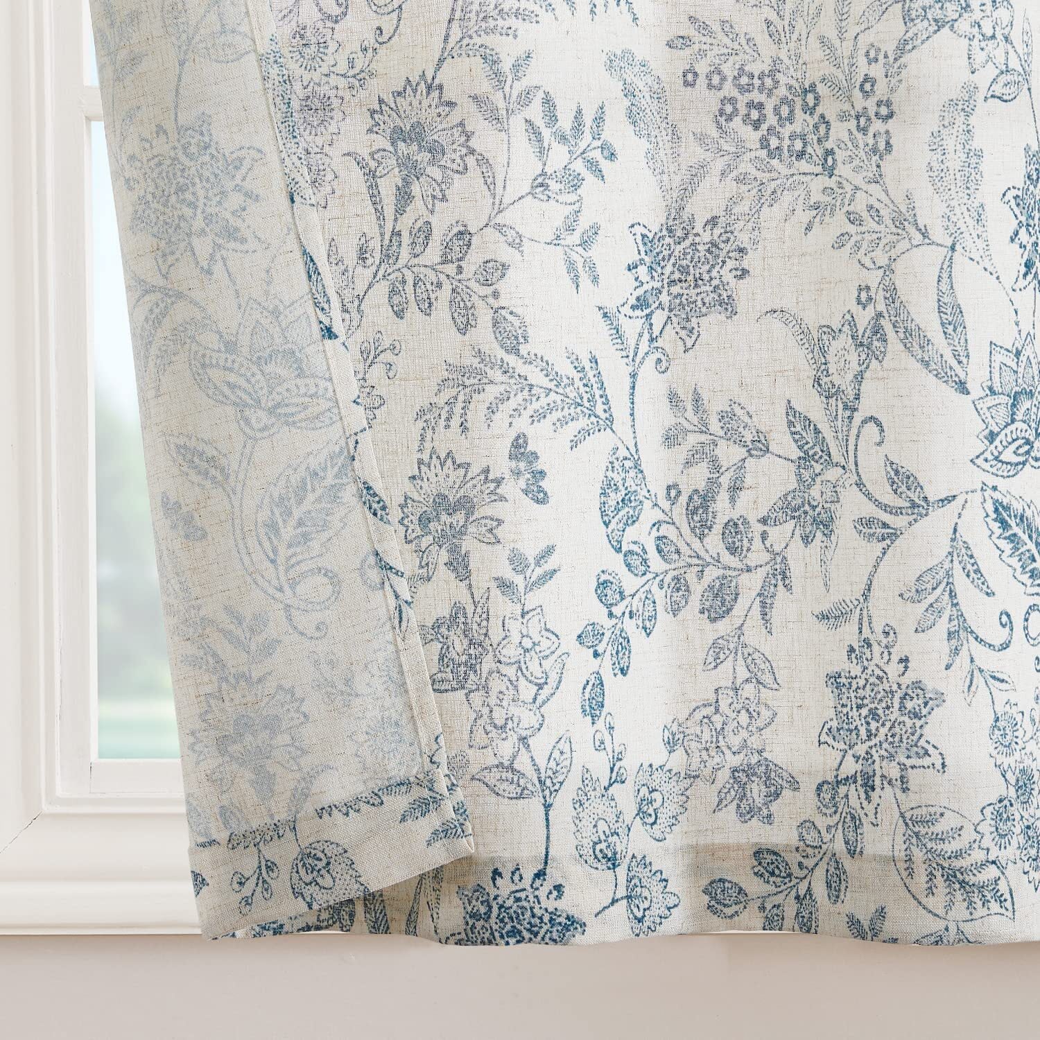 Curtainking Linen Kitchen Curtains 36 Inch Farmhouse Floral Print Tier Curtains Cafe Curtains Small Window Curtains Rod Pocket 2 Panels Blue on Beige