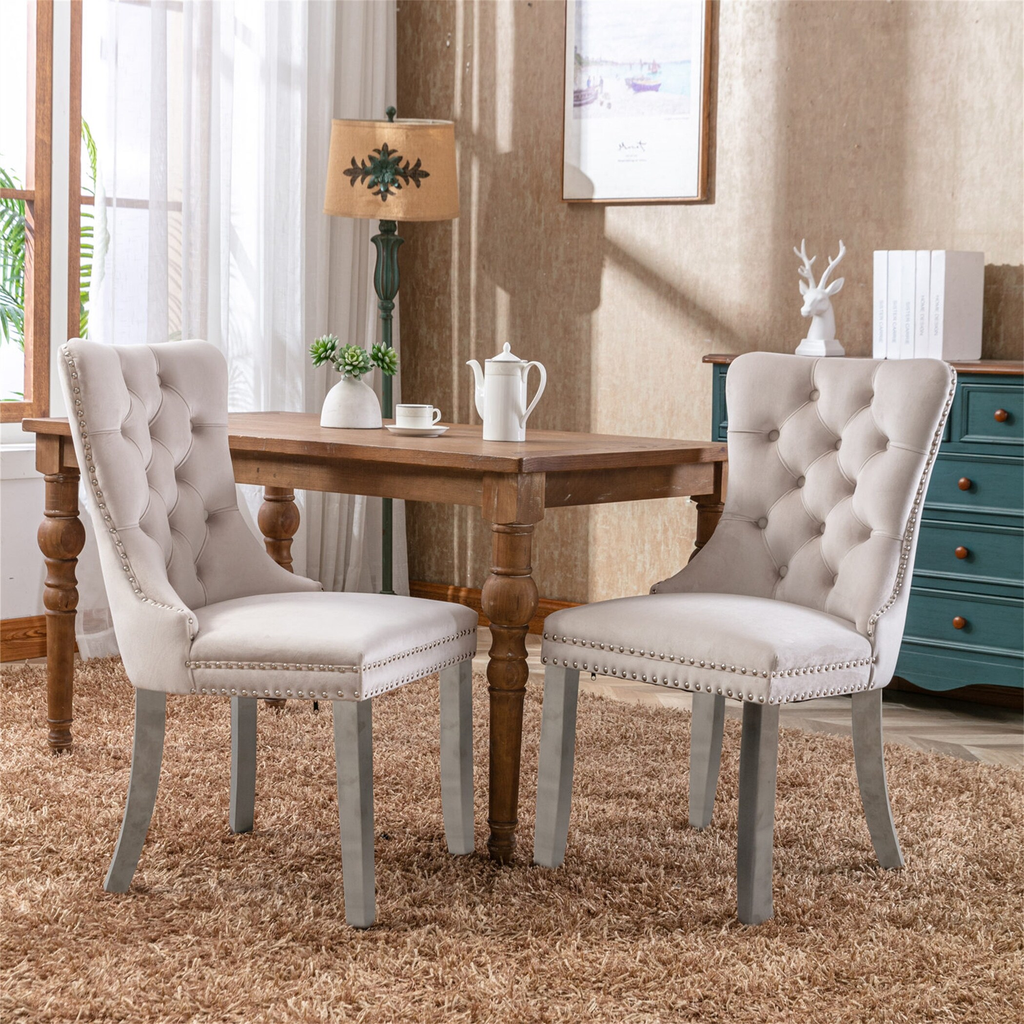 Beige Tufted Solid Wood Velvet Upholstered Dining Chair Set of 2