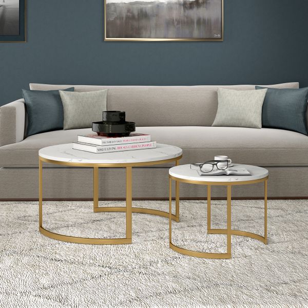 Mitera Round Nested Coffee Table with Faux Marble Top in Brass/Faux Marble