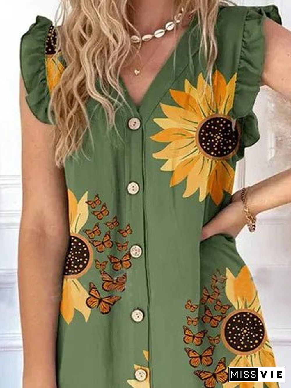 Women'S Dresses V-Neck Sunflower Print Button Ruffle Sleeve Dress