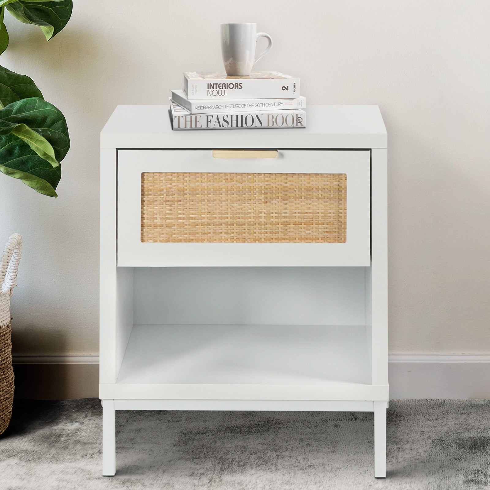 Modern Wood Nightstand with Natural Rattan Drawer, Mid-Century Side Table, White /Gold Bedside End Table Storage Drawer and Shelf for Bedroom Living Room,H0052