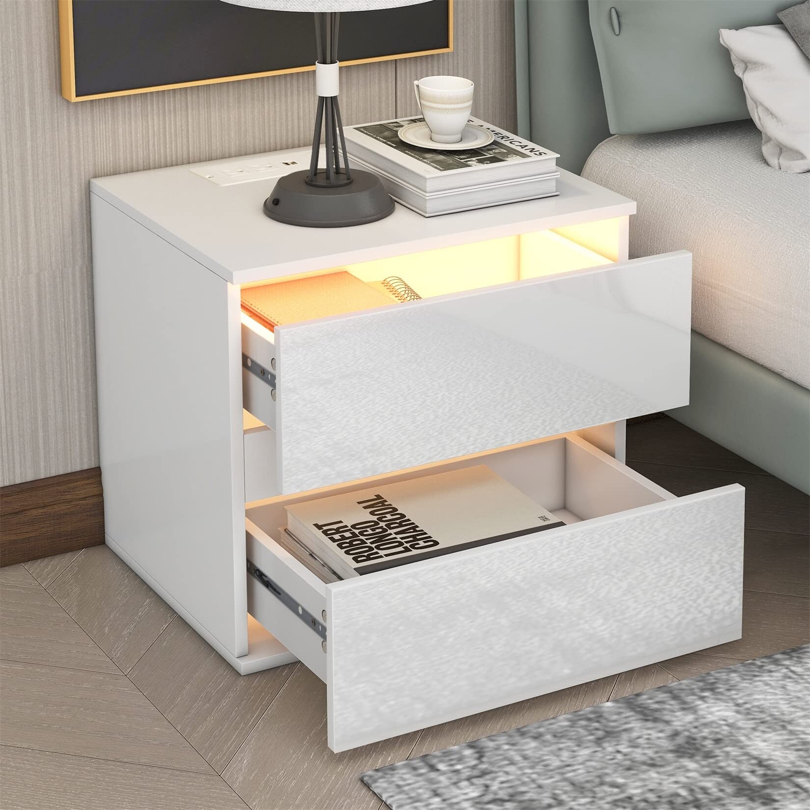 LED Nightstand with Wireless Charging Station and Lights High Gloss White End Side Table with 2 Storage Drawers Bedside Table - - 37638201