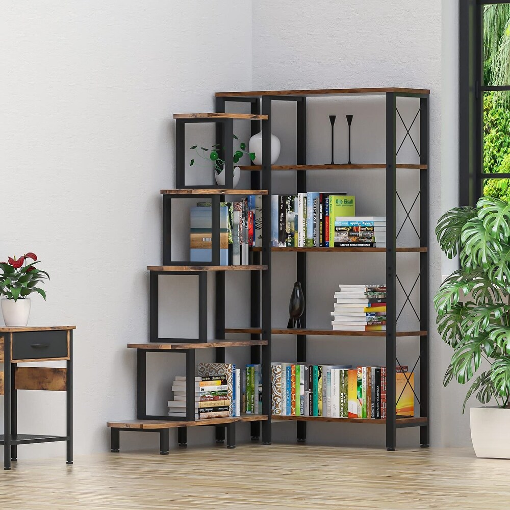 Large Corner Bookshelf Bookcase  Industrial Reversible 5 Tier Ladder Shelves Storage Display Rack with Metal Frame