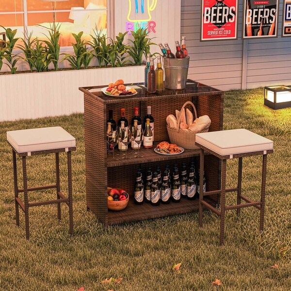 Costway 3 PCS Patio Bar Set with Tempered Glass Tabletop 2Tier