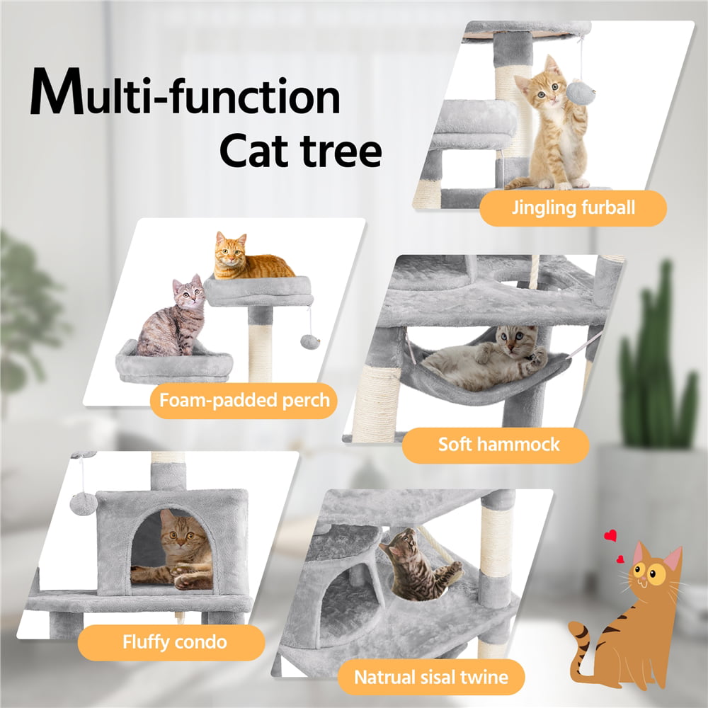 SMILE MART 62.2" Double Condo Cat Tree and Scratching Post Tower, Light Gray