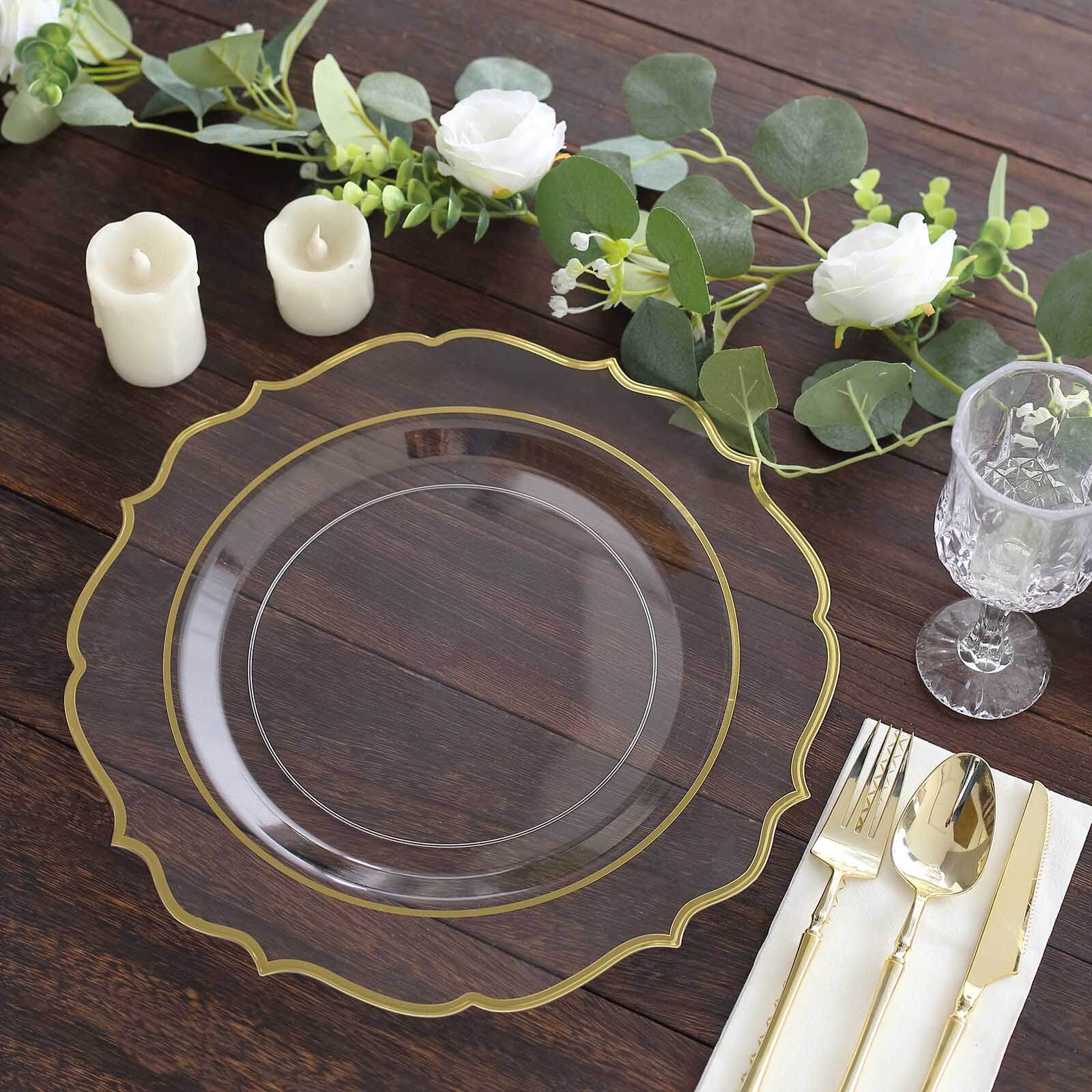 10 Pack Clear Economy Plastic Charger Plates With Gold Scalloped Rim, Round Decorative Dinner Chargers Event Tabletop Decor - 13