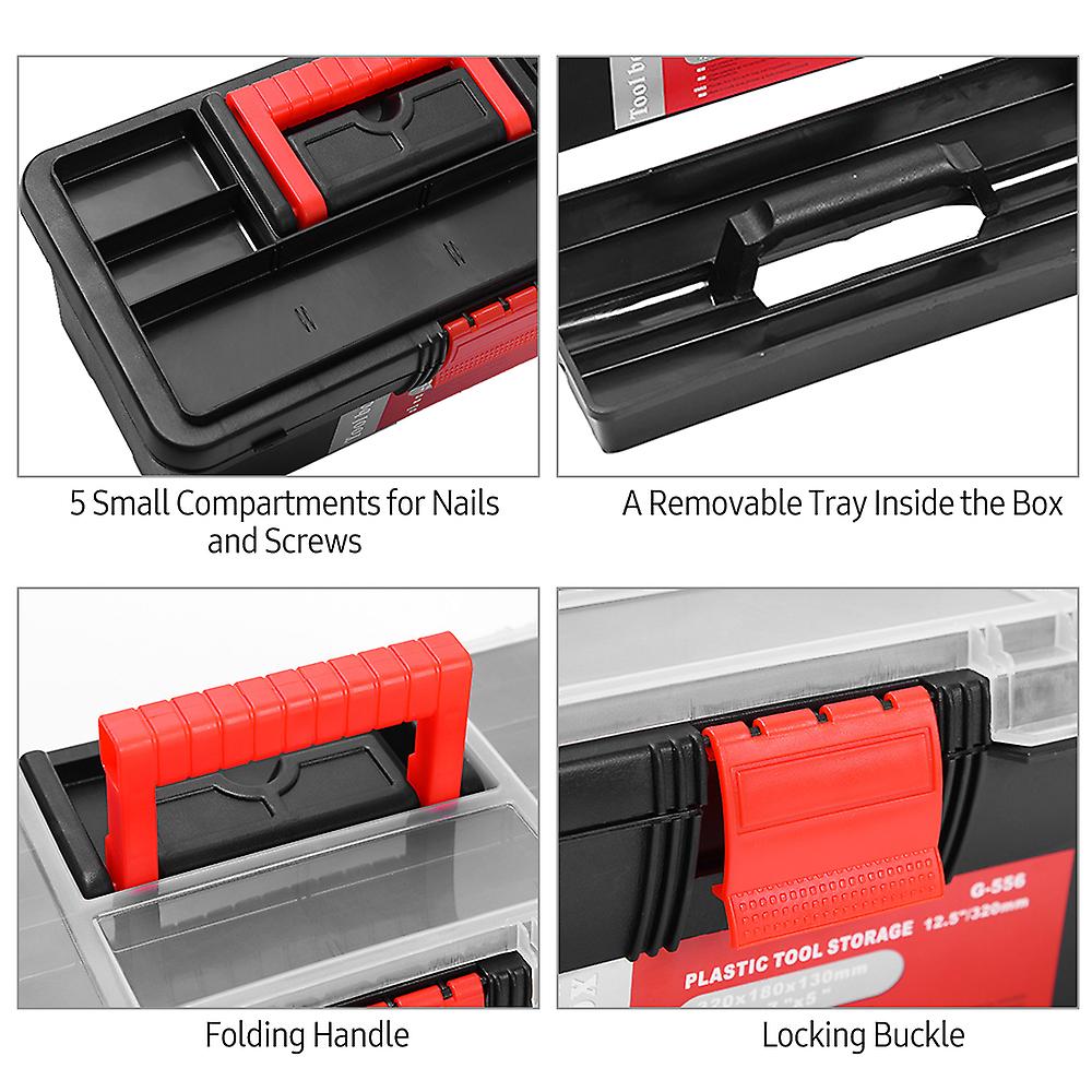 12.5-inch Plastic Tool Storage Box Portable Household Tool Cabinet Work-box Tool Kit Toolbox With Tray And Dividers Multiple Storage Compartments Tran