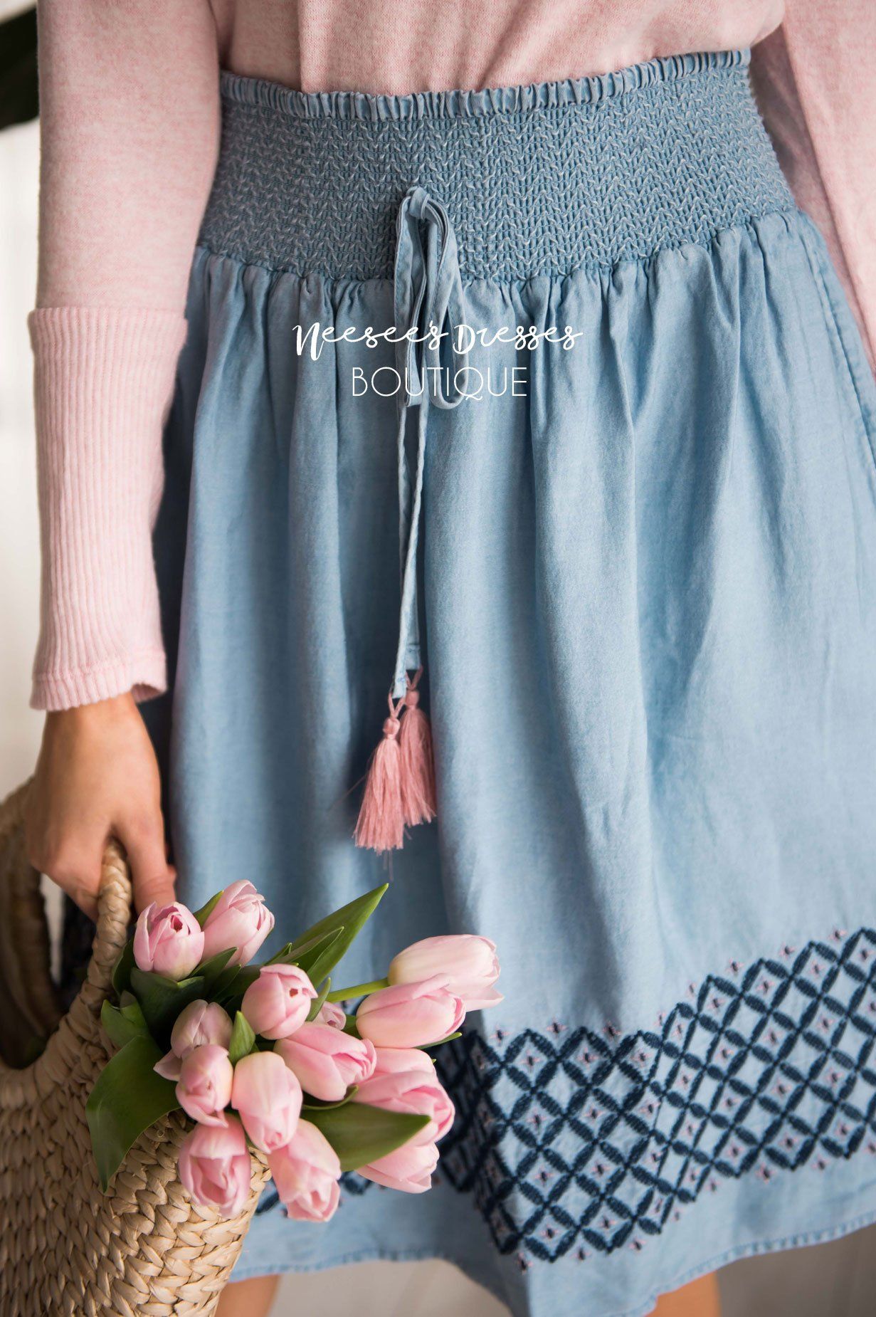 Chambray Smockwaist Tassel Skirt