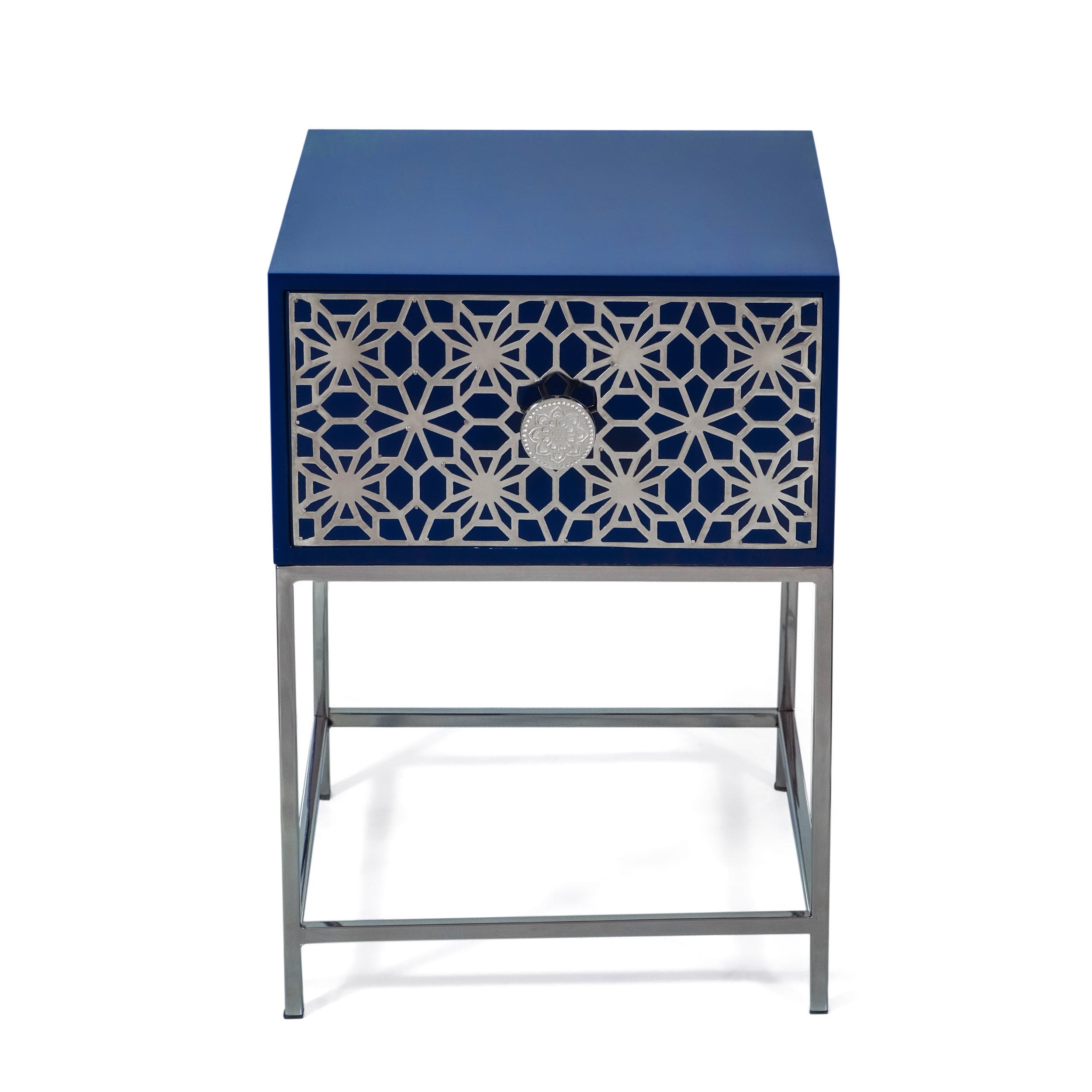 Morella Modern Glam Handcrafted Moroccan Mesh Nightstand, Navy Blue and Nickel