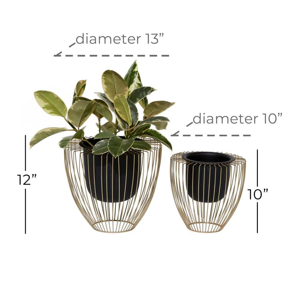 Litton Lane 12in. Medium Black Metal Indoor Outdoor Planter with Removable Gold Wire Stand (2- Pack) 51972