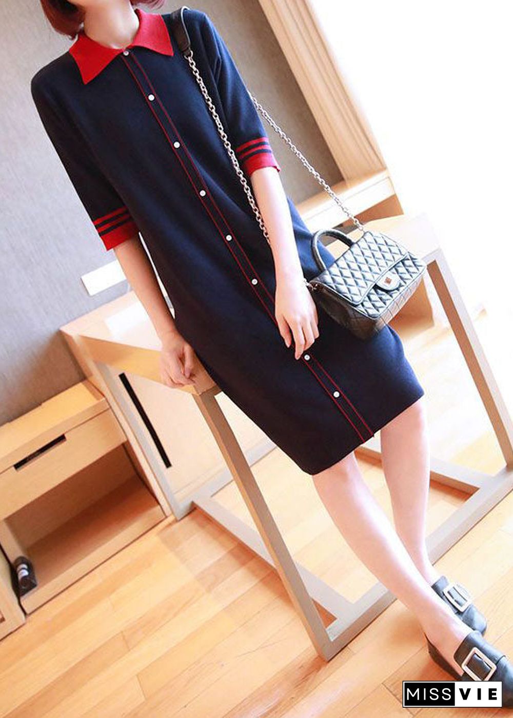 Casual Navy Peter Pan Collar Button Knitted Dresses Half Sleeve