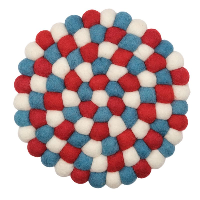 Global Crafts Handmade Felt Kai Red and Blue Felt Ball Trivet