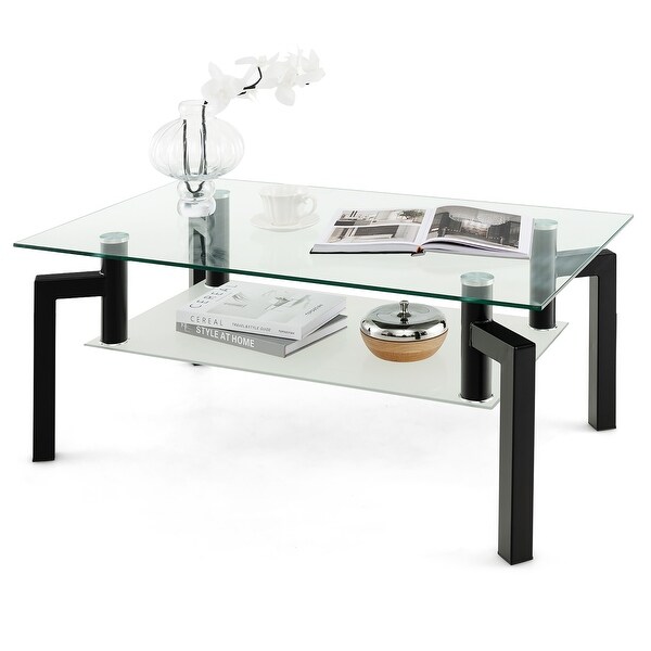 Gymax Glass Coffee Table 2-Tier Tempered Accent Table w/ Metal Tube