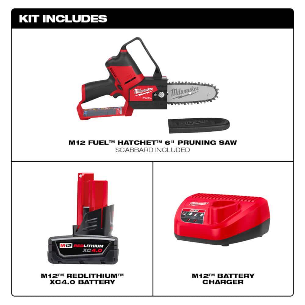 Milwaukee M12 FUEL 12Volt LithiumIon Brushless Battery 6 in HATCHET Pruning Saw Kit with 40 Ah Battery and Charger