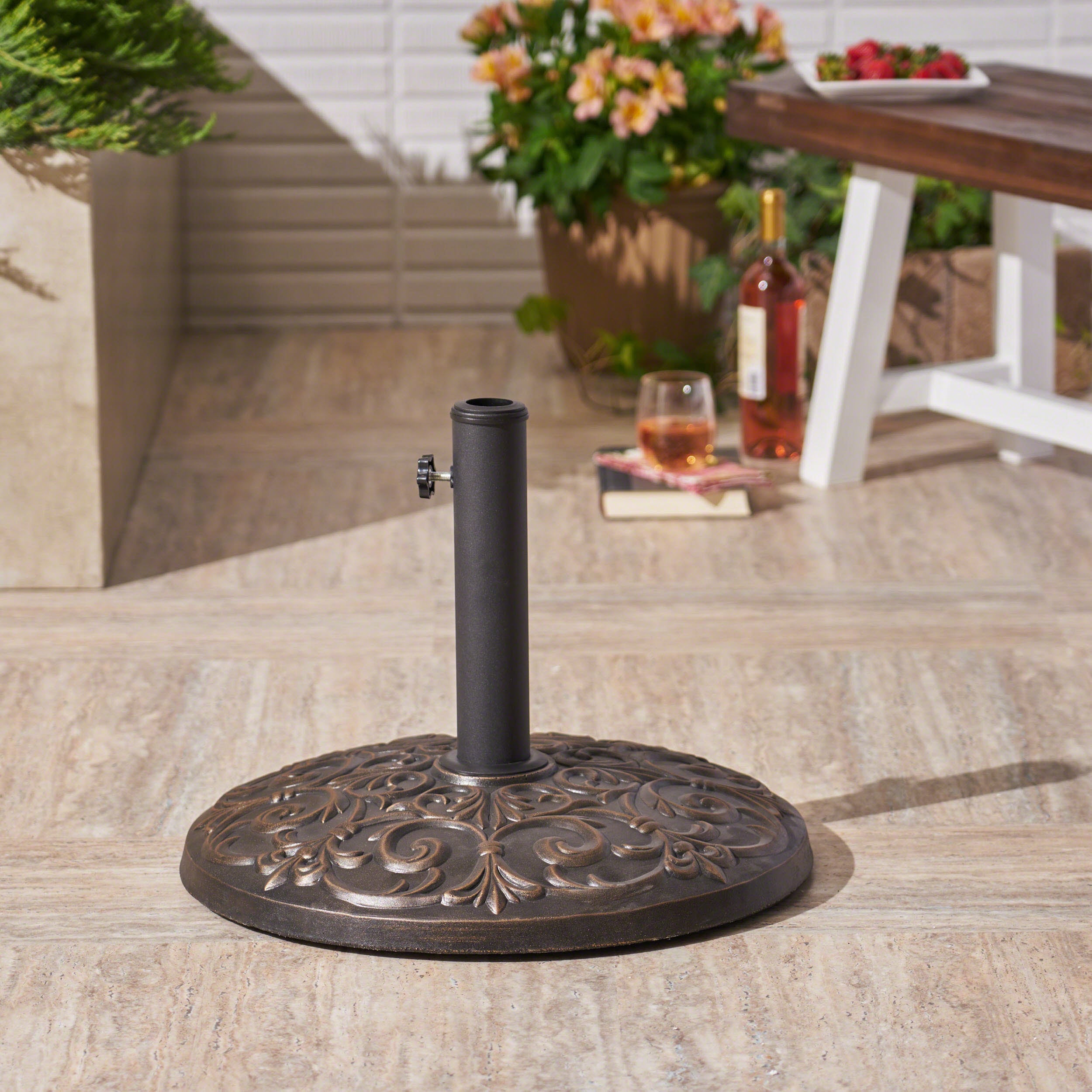 Sade Outdoor 60lb Concrete Circular Umbrella Base, Hammered Dark Copper